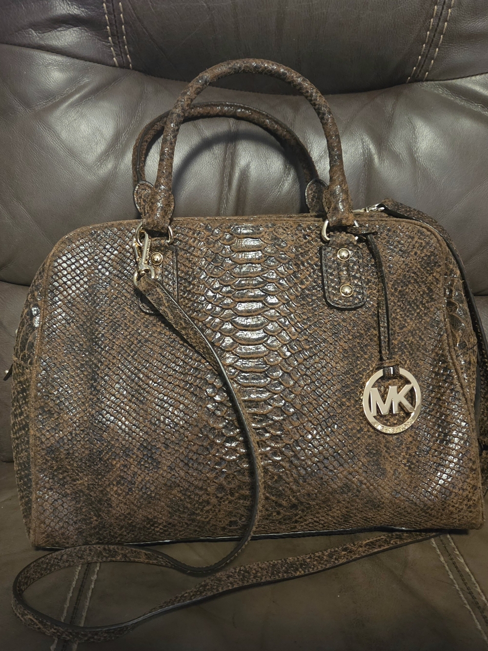 Michael Kors Brown Snake-Embossed Satchel with Gold MK Charm